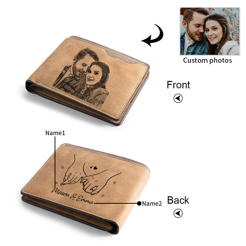 Portafoglio da uomo in pelle personalizzato con foto incisa – portafoglio a doppia facciata per coppie