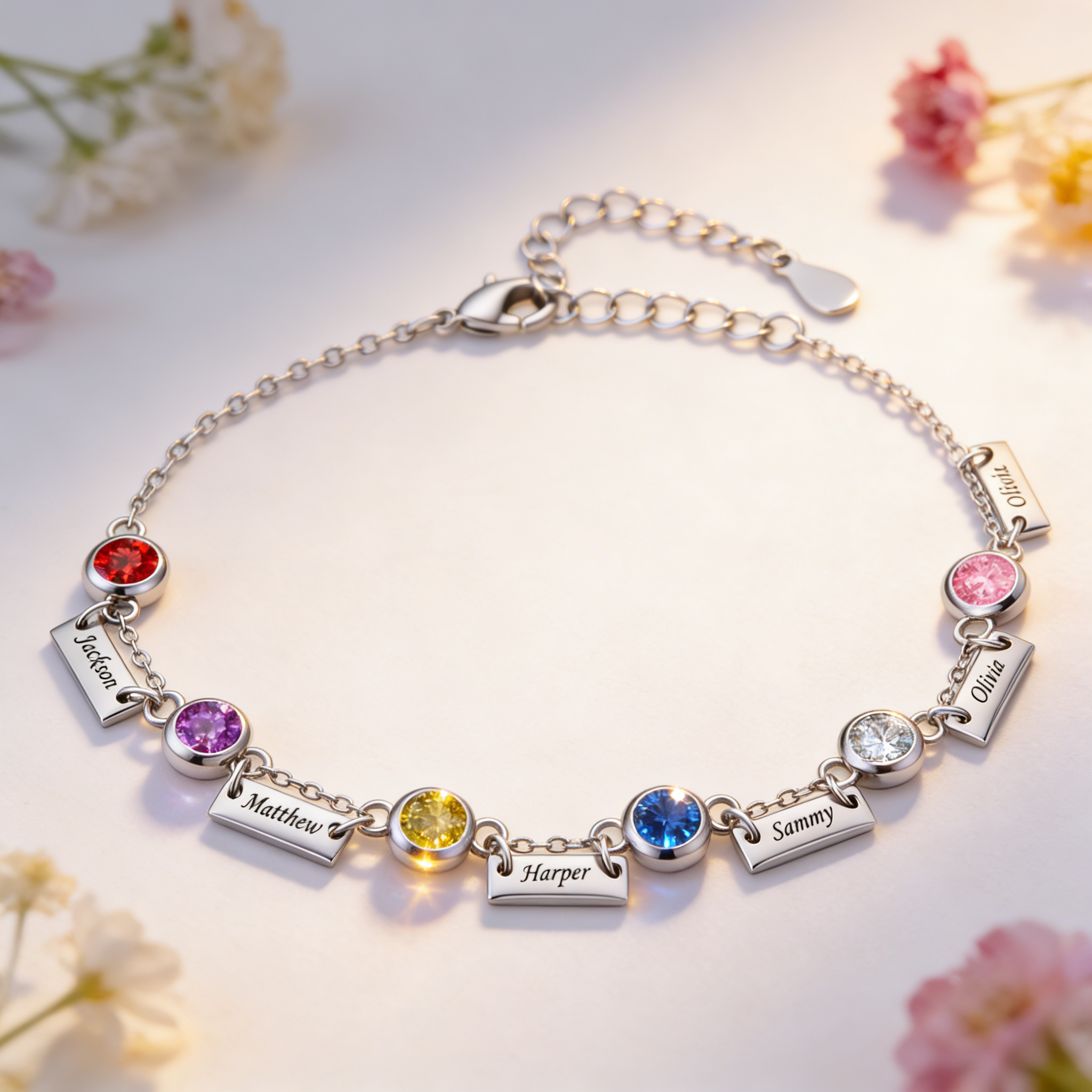 Bracciale personalizzato con da 1 a 6 nomi e pietre portafortuna di nascita – gioiello unico da donna