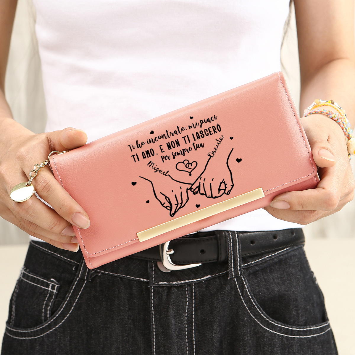 Portafoglio da donna personalizzato con messaggio d’amore, portamonete promessa del mignolo