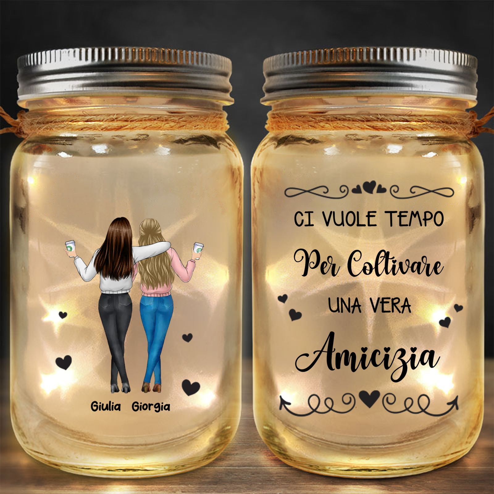 Lampada LED in vetro personalizzata con nome e data per la migliore amica, sorella dell'anima o collega