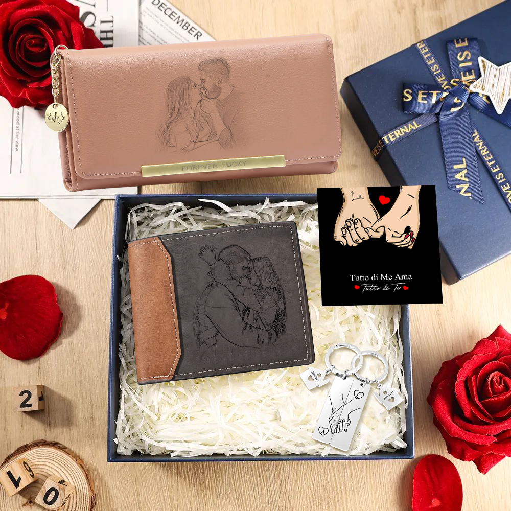 Set Regalo Personalizzato: Elegante Coppia di Portafogli con 2 Foto, 1 Nome e 2 Lettere & Cartolina "Tutto di Me Ama Tutto di Te" | Regalo di San Valentino per Lei/Lui | Jessemade