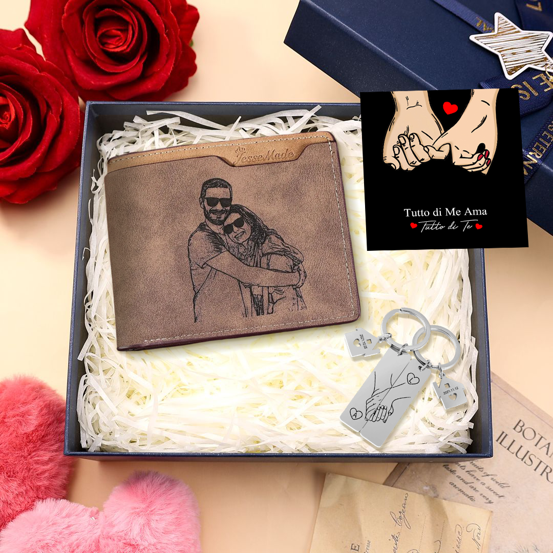 Set Regalo Personalizzato: Portafoglio Uomo & Portachiavi con 1 Foto, 1 Nome, 2 Date e 3 Lettere & Cartolina Romantica "Tutto di Me Ama Tutto di Te" | Regalo di San Valentino per Lei/Lui | Jessemade
