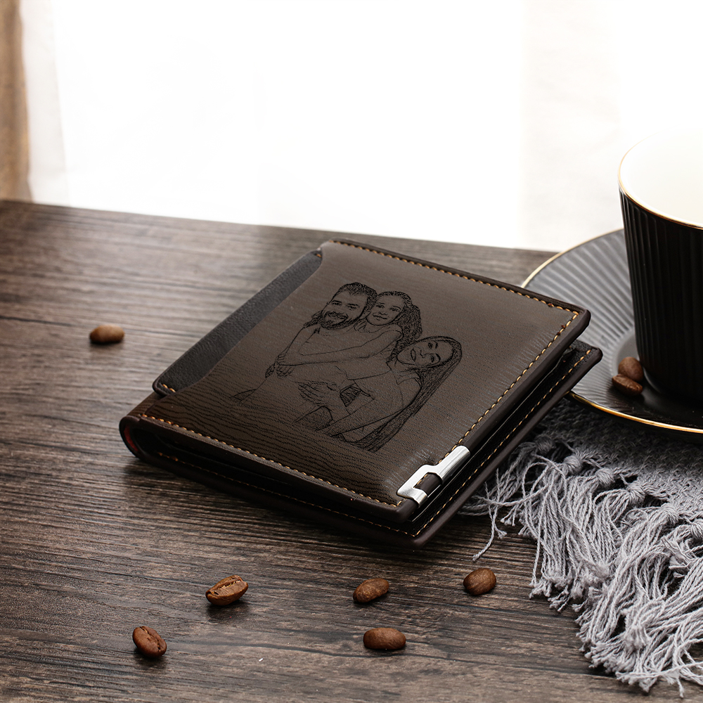 Portafoglio Uomo Personalizzato con Foto - Lettera e Nome Incisi, Portafoglio Marrone con Card Fotografica, Set Regalo Natalizio per Lui | Jessemade