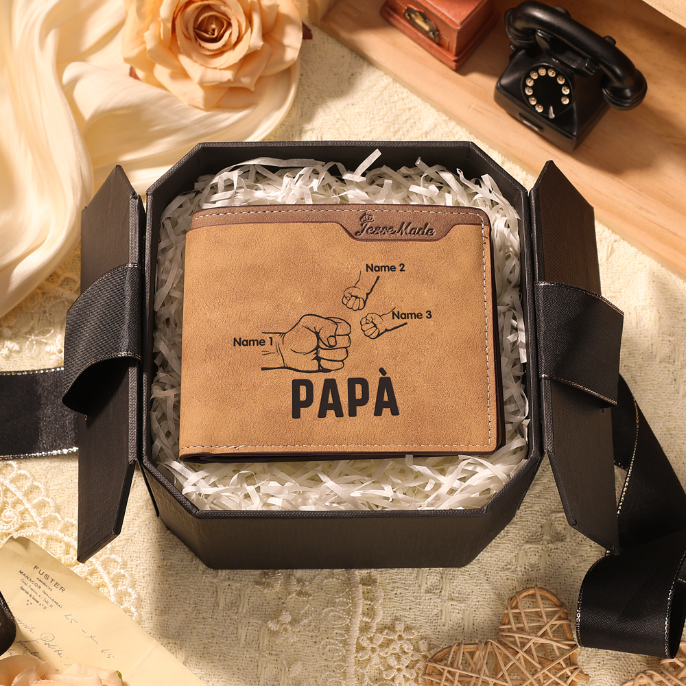 Portafoglio Uomo Personalizzato – Incisione Foto, Testo e 3 Nomi – Con Carta Pugno & Scatola Regalo – Perfetto per Papà | Jessemade