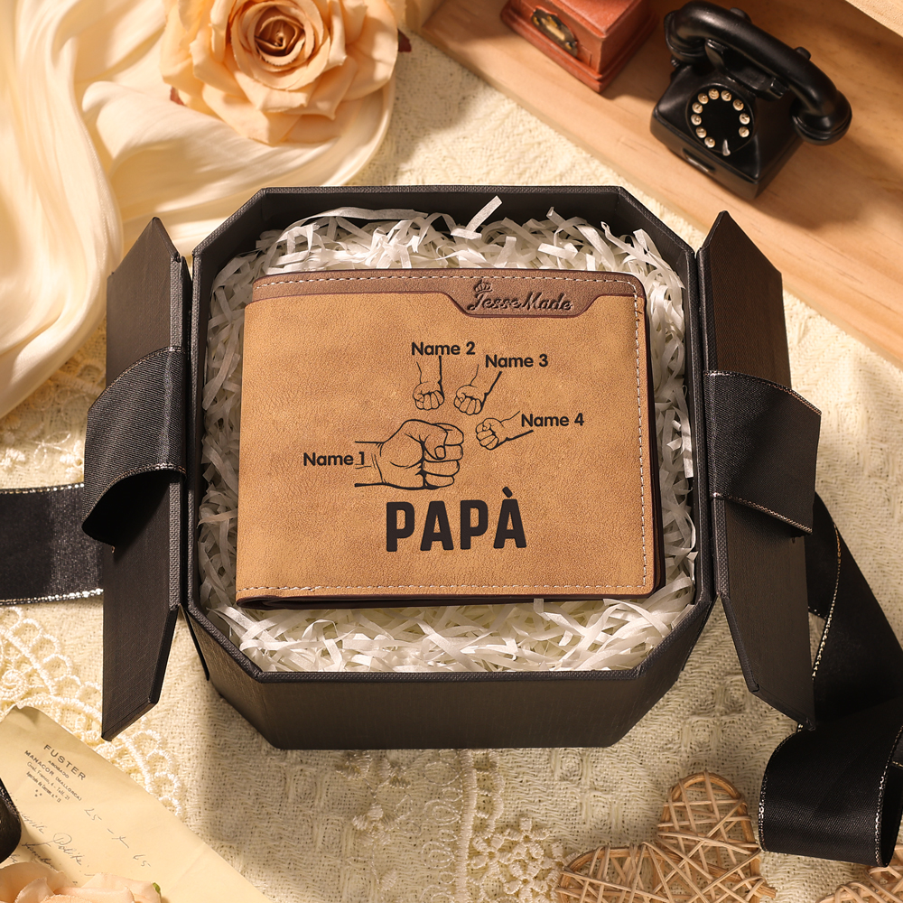 Portafoglio Uomo Personalizzato – Incisione Foto, Testo e 4 Nomi – Con Carta Pugno & Scatola Regalo – Perfetto per Papà | Jessemade