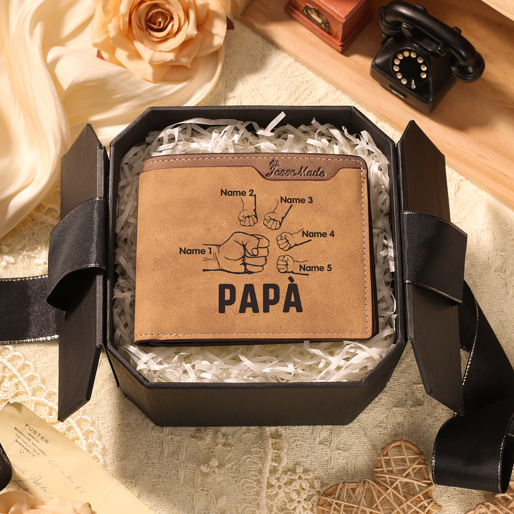 Jessemade IT Portafoglio Pelle PU pelle pugno mano regalo per papà personalizzato 5 nomi 1 testo e 1 foto