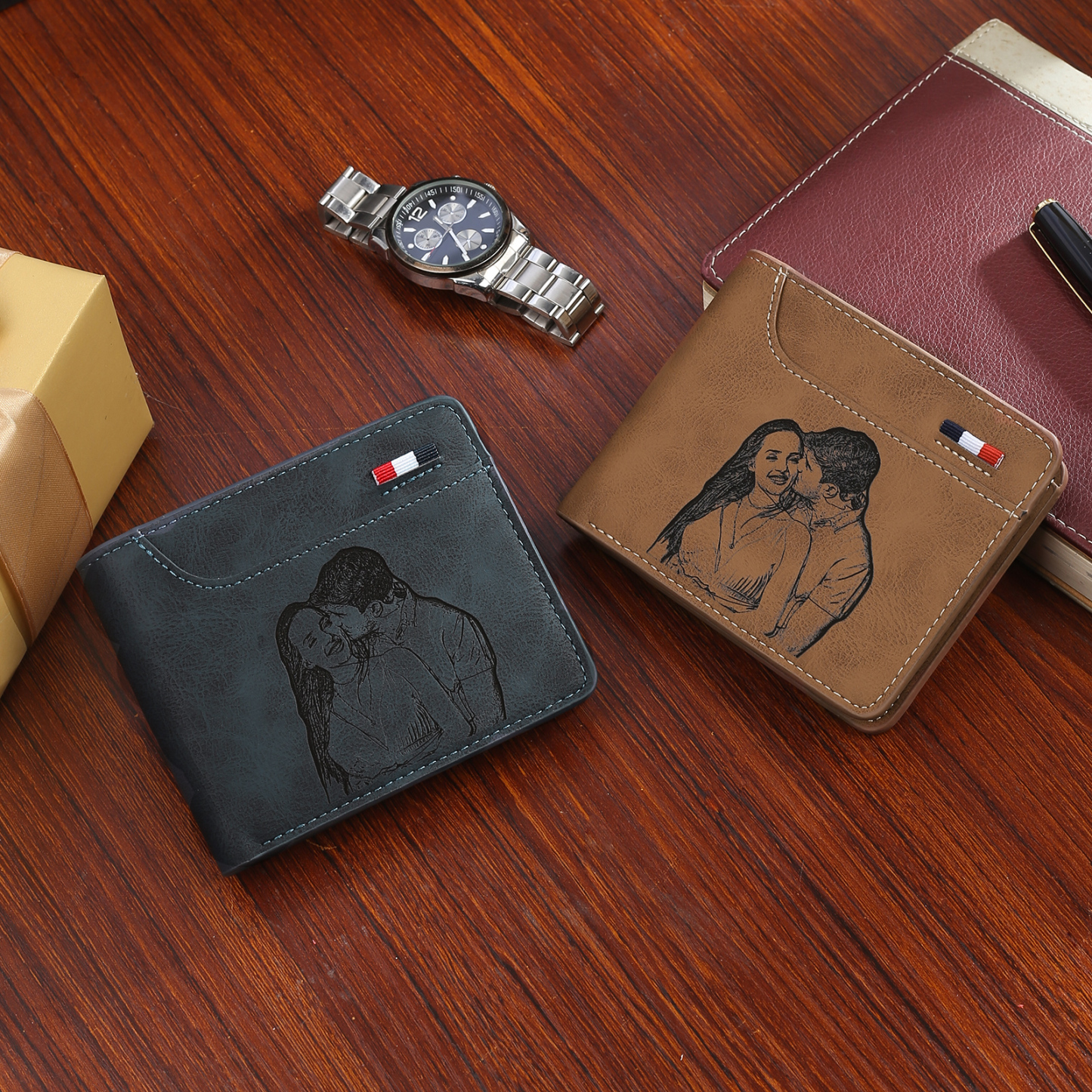 Set Regalo Personalizzato – Portafoglio Inciso con Foto, Nome e Iniziali & Portachiavi con Foto e Testi – Regalo Perfetto per Papà | Jessemade