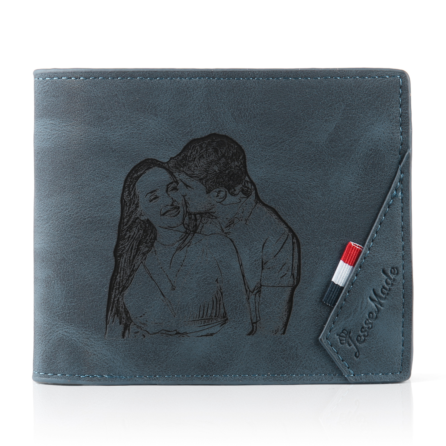 Set Regalo Personalizzato per Coppie: Portafoglio Uomo in Similpelle con Foto, Nome e Iniziale & Portafoglio Donna Blu con Foto e Iniziale & Portachiavi di Coppia con 2 Iniziali e Data & Biglietto d’Auguri | Jessemade