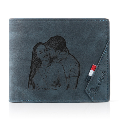Set Regalo Personalizzato per Coppie: Portafoglio Uomo in Similpelle con Foto, Nome e Iniziale & Portafoglio Donna Blu con Foto e Iniziale & Portachiavi di Coppia con 2 Iniziali e Data & Biglietto d’Auguri | Jessemade