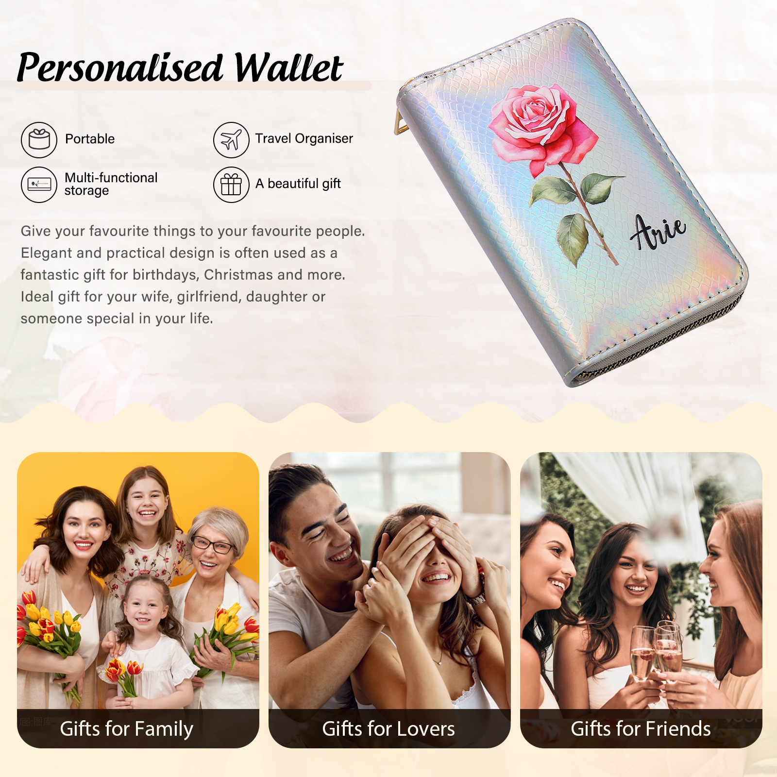 Portafoglio in PU pelle con 1 fiore di nascita & 1 nome personalizzati per mamma/nonna