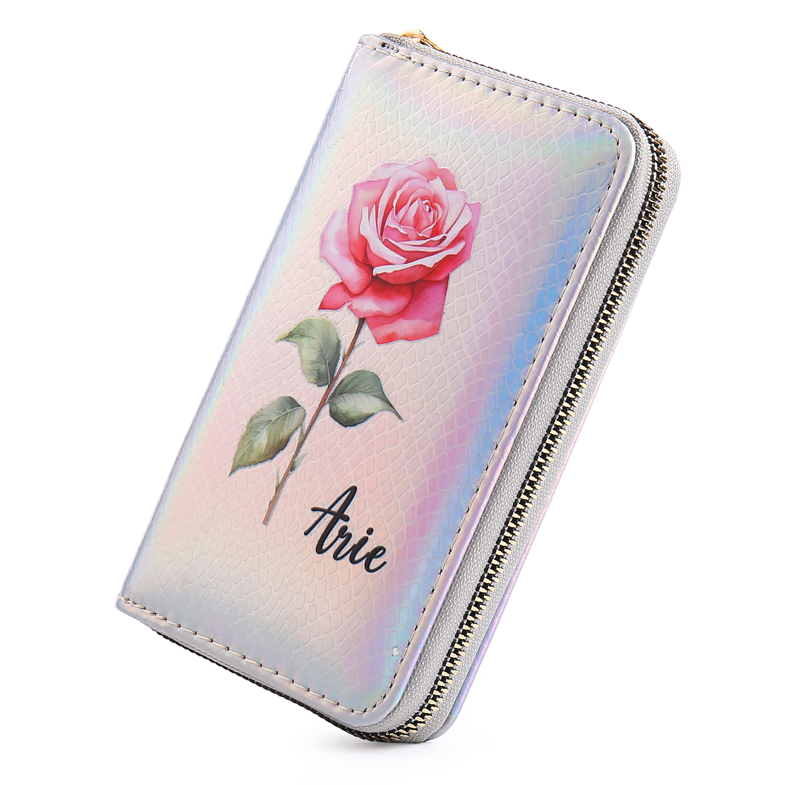 Portafoglio in PU pelle con 1 fiore di nascita & 1 nome personalizzati per mamma/nonna