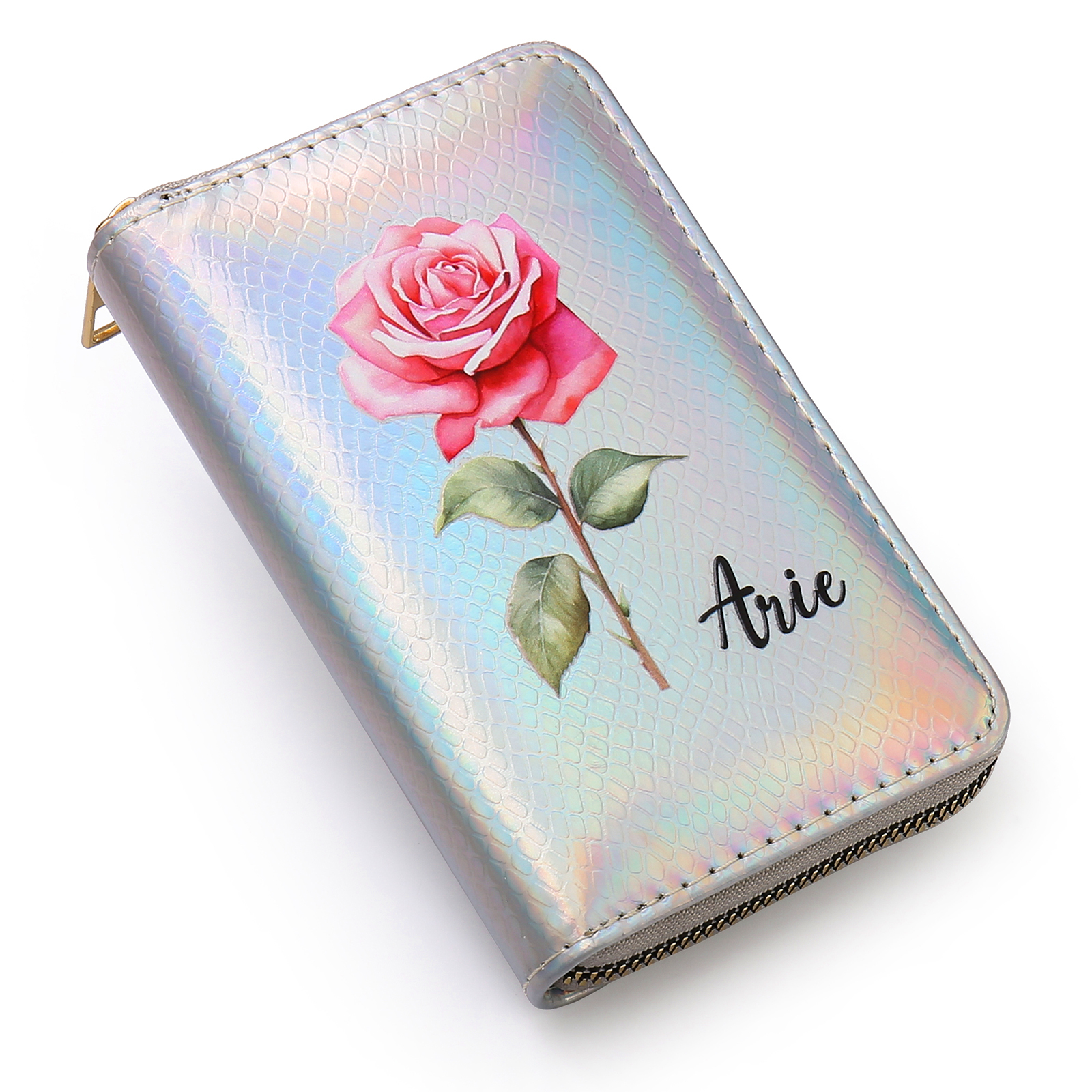 Portafoglio in PU pelle con 1 fiore di nascita & 1 nome personalizzati per mamma/nonna