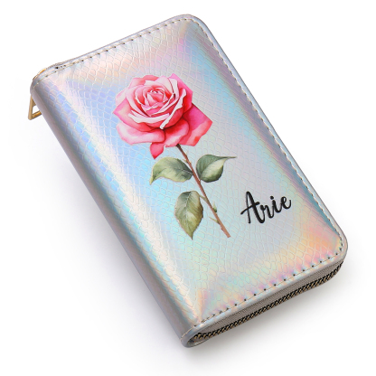 Portafoglio in PU pelle con 1 fiore di nascita & 1 nome personalizzati per mamma/nonna