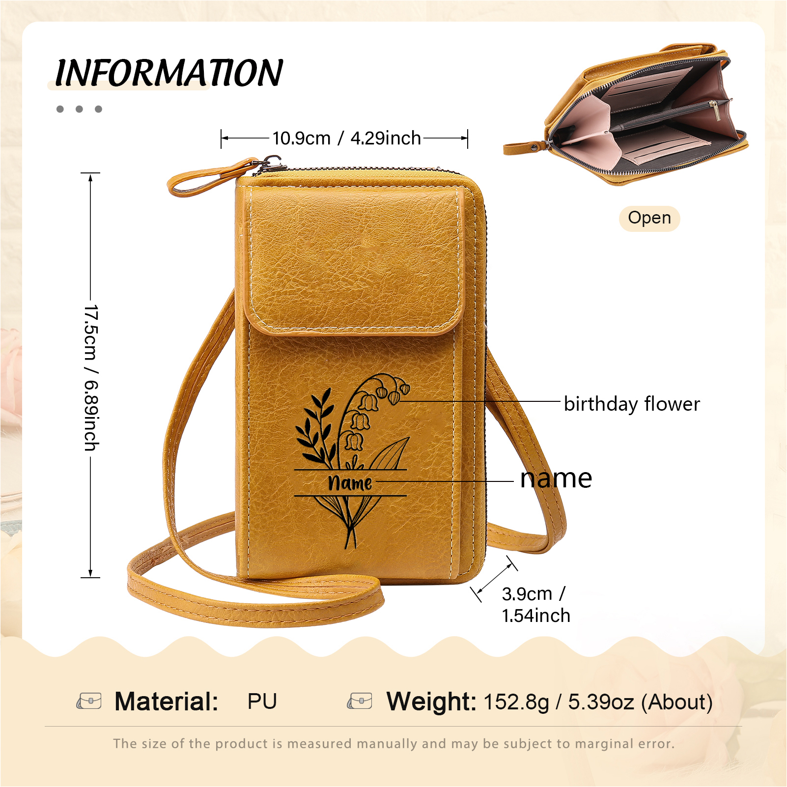 Borsa con tracolla in PU pelle con 1 nome & 1 fiore di nascita personalizzati per donna