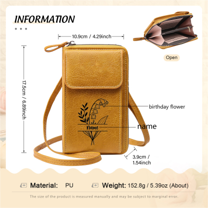 Borsa con tracolla in PU pelle con 1 nome & 1 fiore di nascita personalizzati per donna
