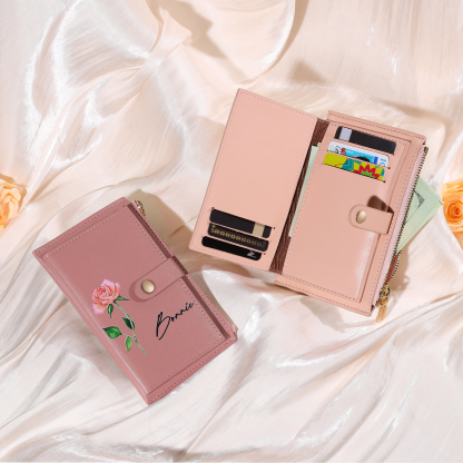 Portafoglio da donna in PU pelle personalizzato con 1 fiore di nascita e 1 nome