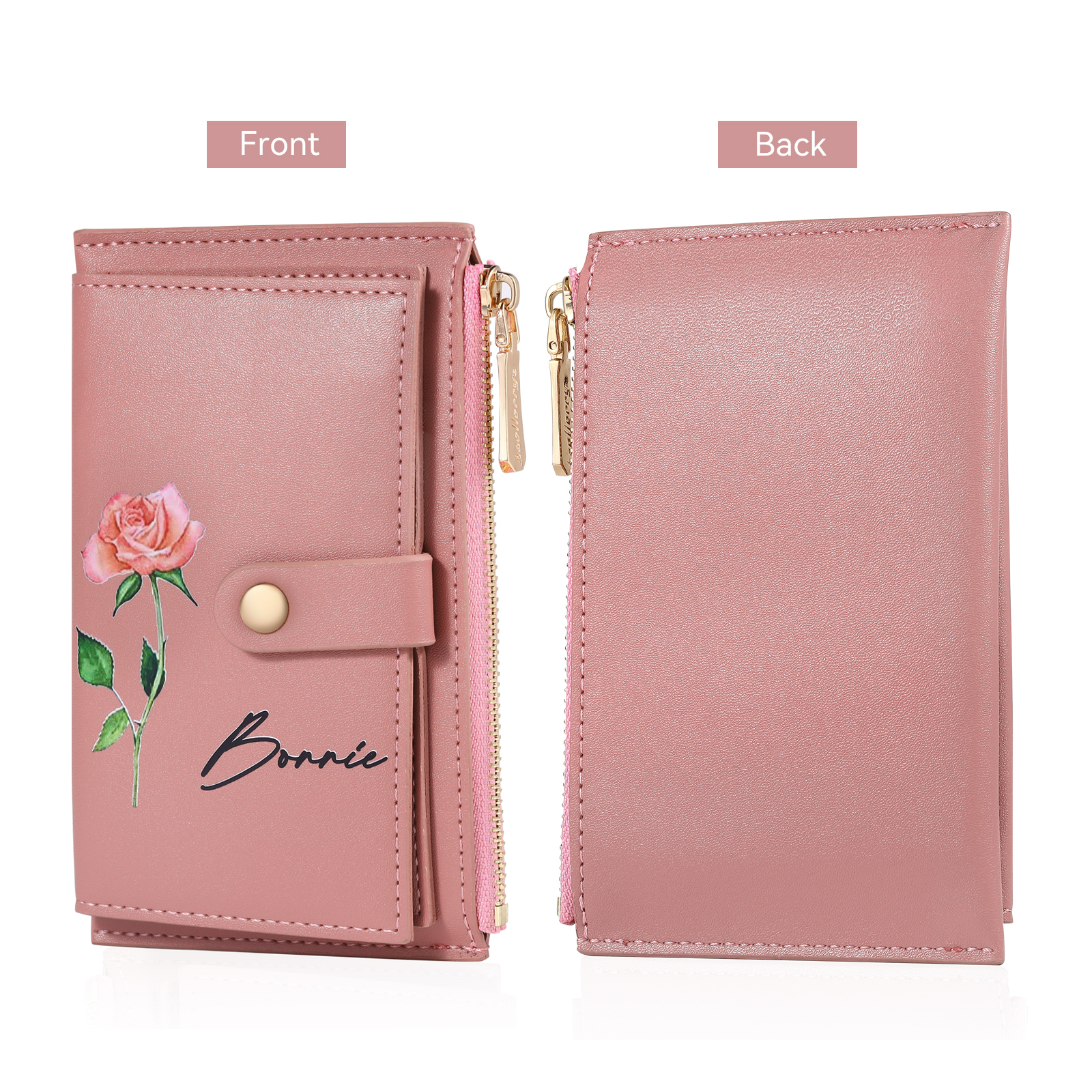 Portafoglio da donna in PU pelle personalizzato con 1 fiore di nascita e 1 nome