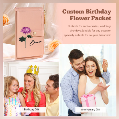 Portafoglio da donna in PU pelle personalizzato con 1 fiore di nascita e 1 nome