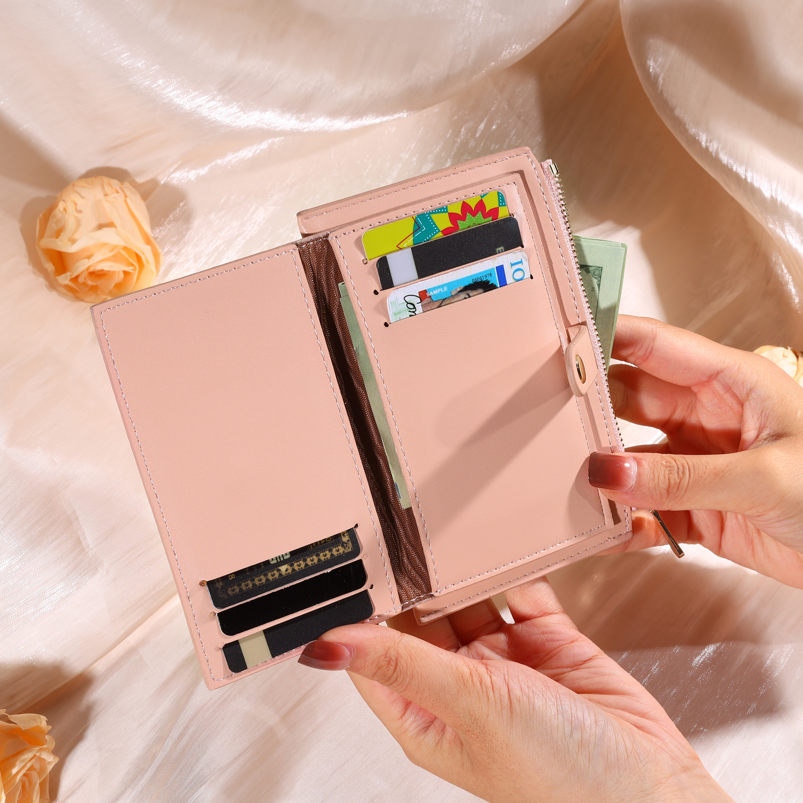 Portafoglio da donna in PU pelle personalizzato con 1 fiore di nascita e 1 nome