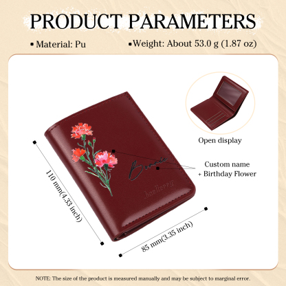 Portafoglio da donna in PU pelle personalizzato con 1 fiore di nascita e 1 nome regalo per donna