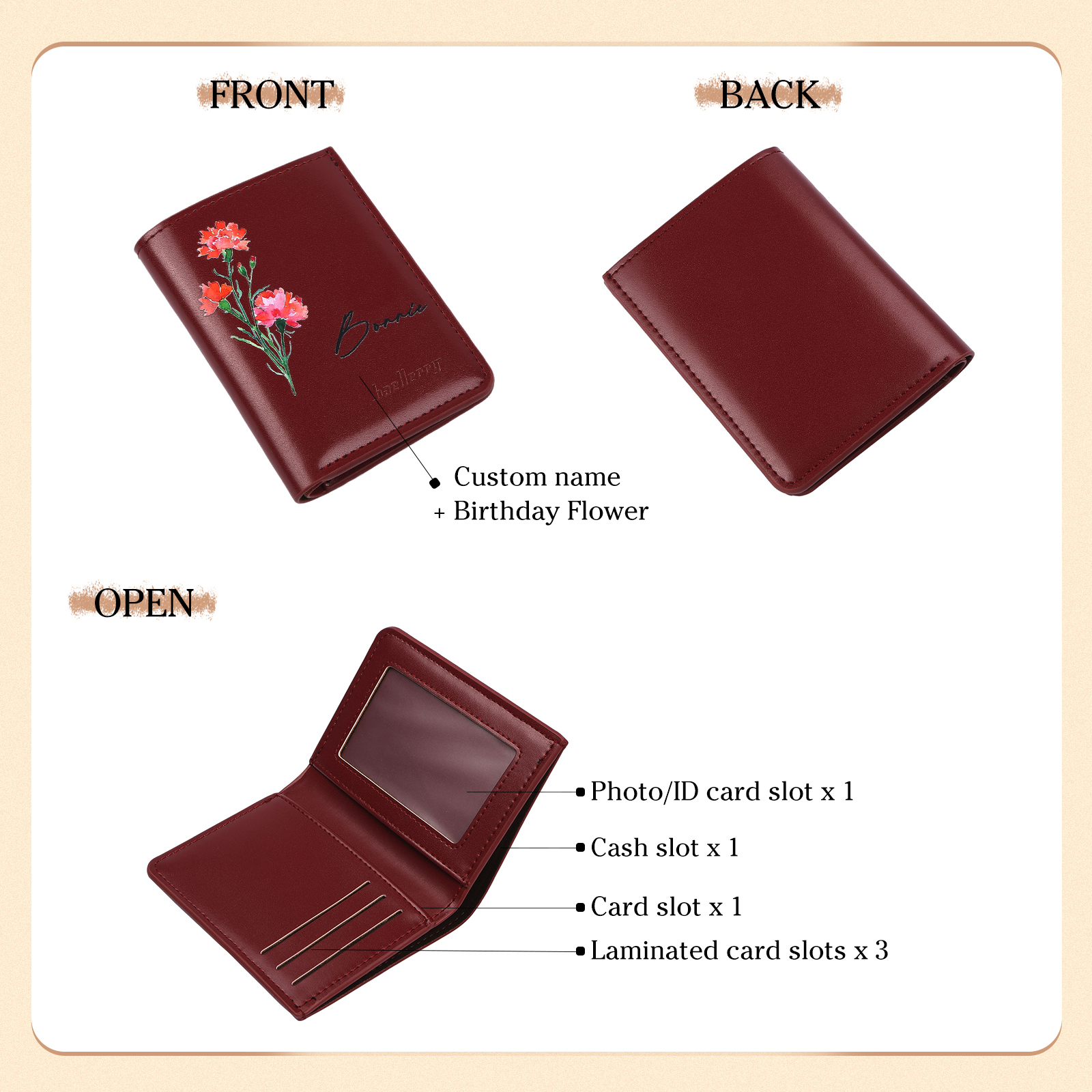 Portafoglio da donna in PU pelle personalizzato con 1 fiore di nascita e 1 nome regalo per donna