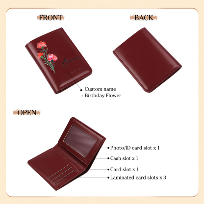Portafoglio da donna in PU pelle personalizzato con 1 fiore di nascita e 1 nome regalo per donna