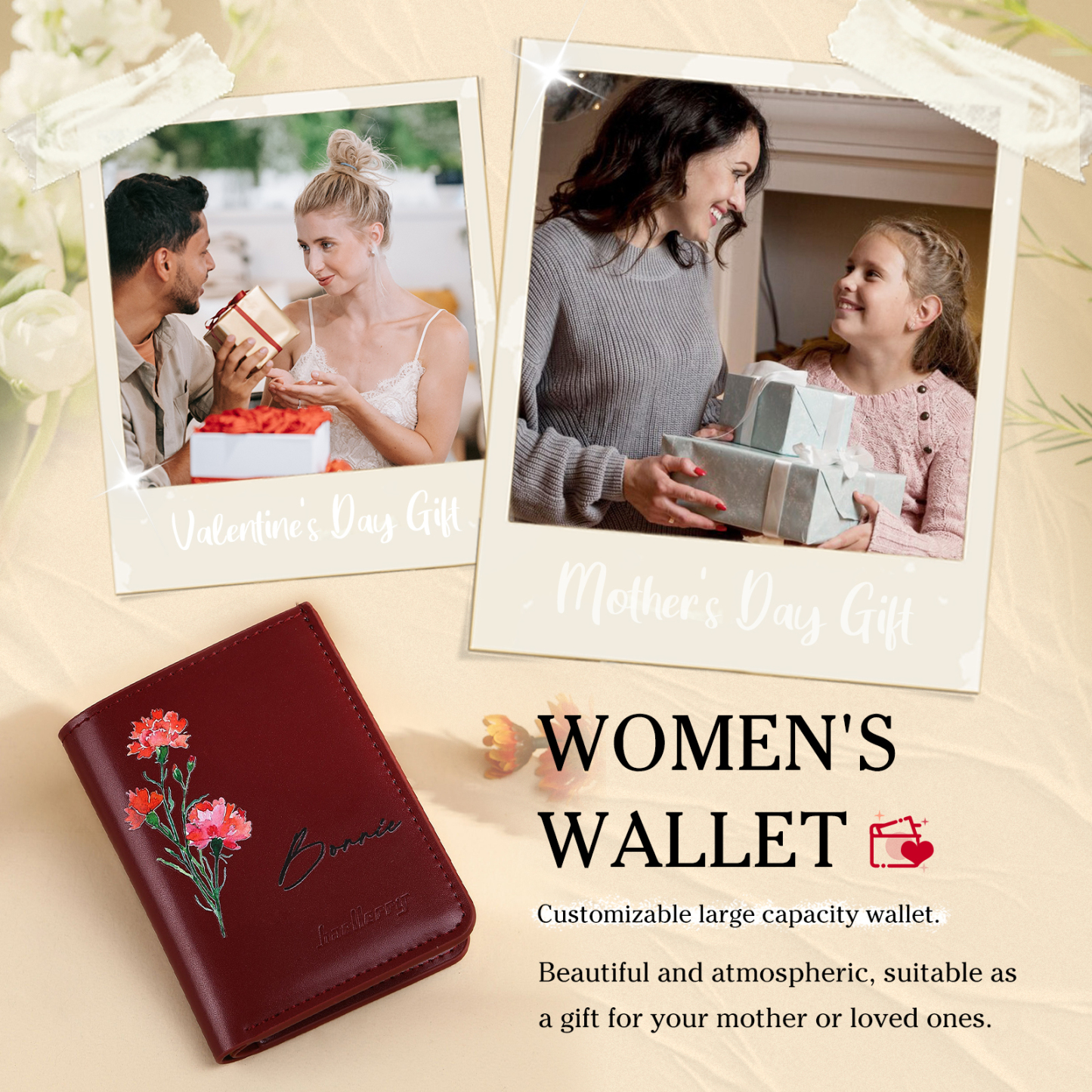 Portafoglio da donna in PU pelle personalizzato con 1 fiore di nascita e 1 nome regalo per donna