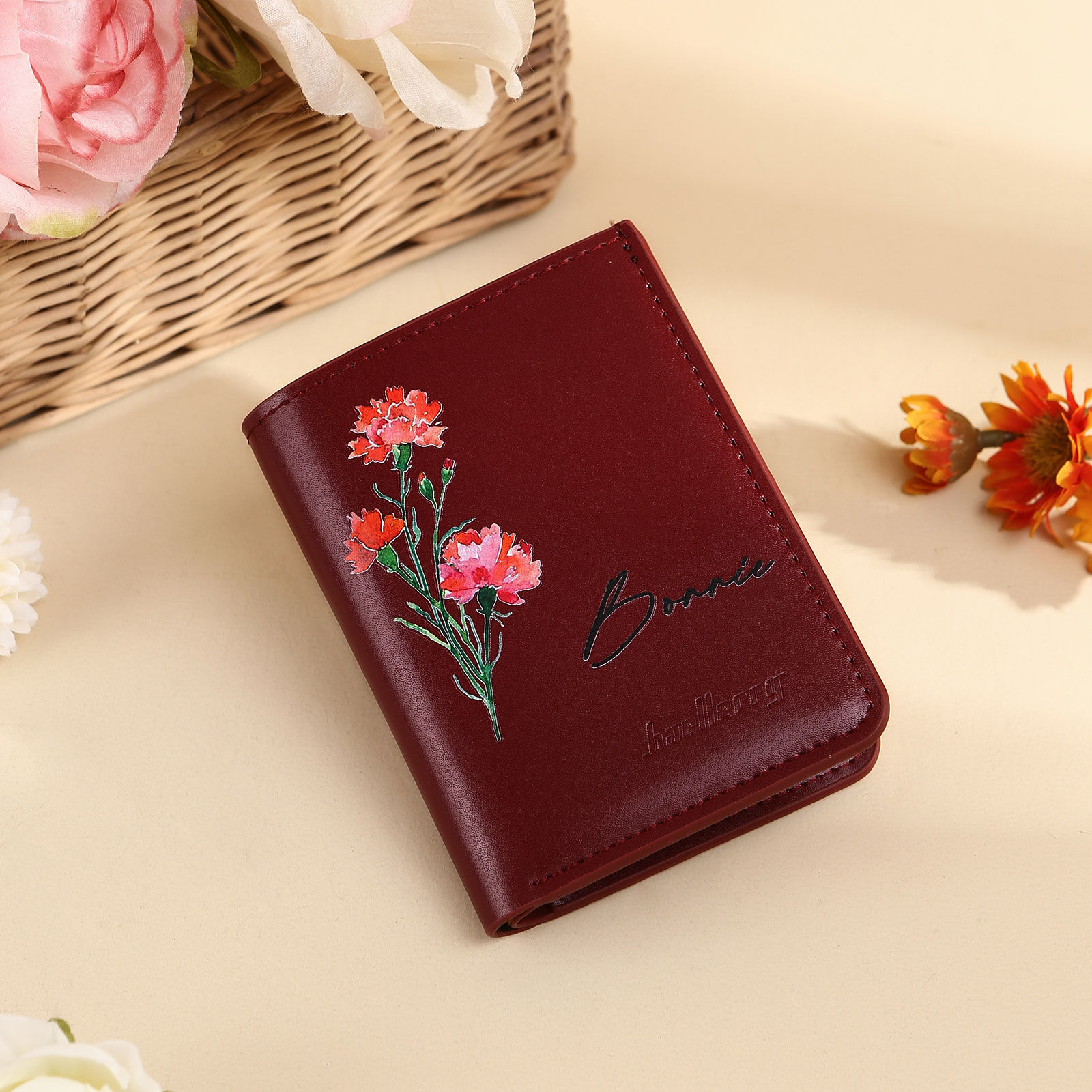 Portafoglio da donna in PU pelle personalizzato con 1 fiore di nascita e 1 nome regalo per donna