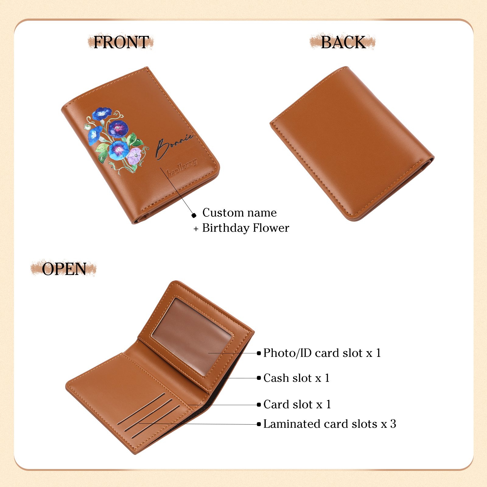 Portafoglio da donna in PU pelle personalizzato con 1 fiore di nascita e 1 nome regalo per donna