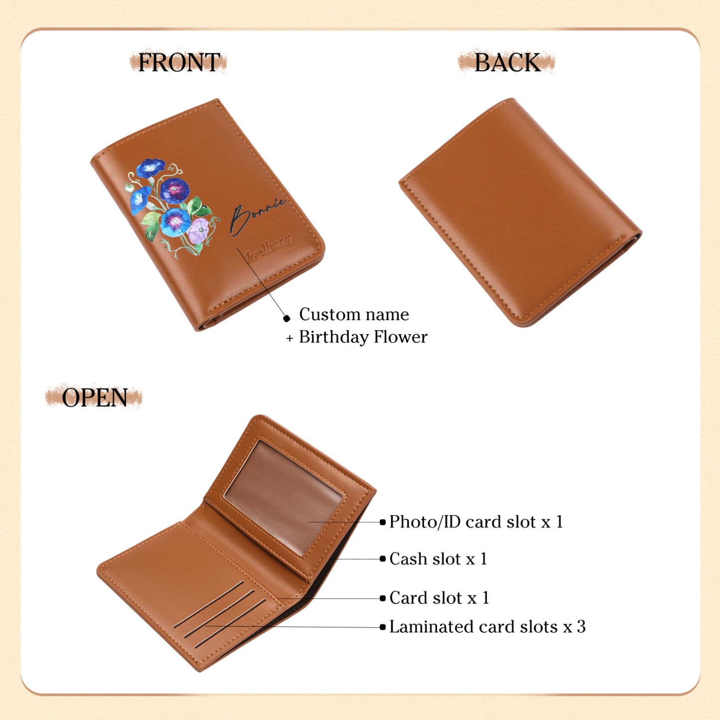 Portafoglio da donna in PU pelle personalizzato con 1 fiore di nascita e 1 nome regalo per donna