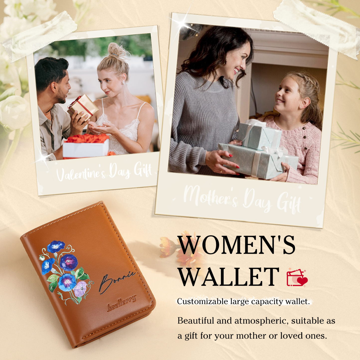 Portafoglio da donna in PU pelle personalizzato con 1 fiore di nascita e 1 nome regalo per donna