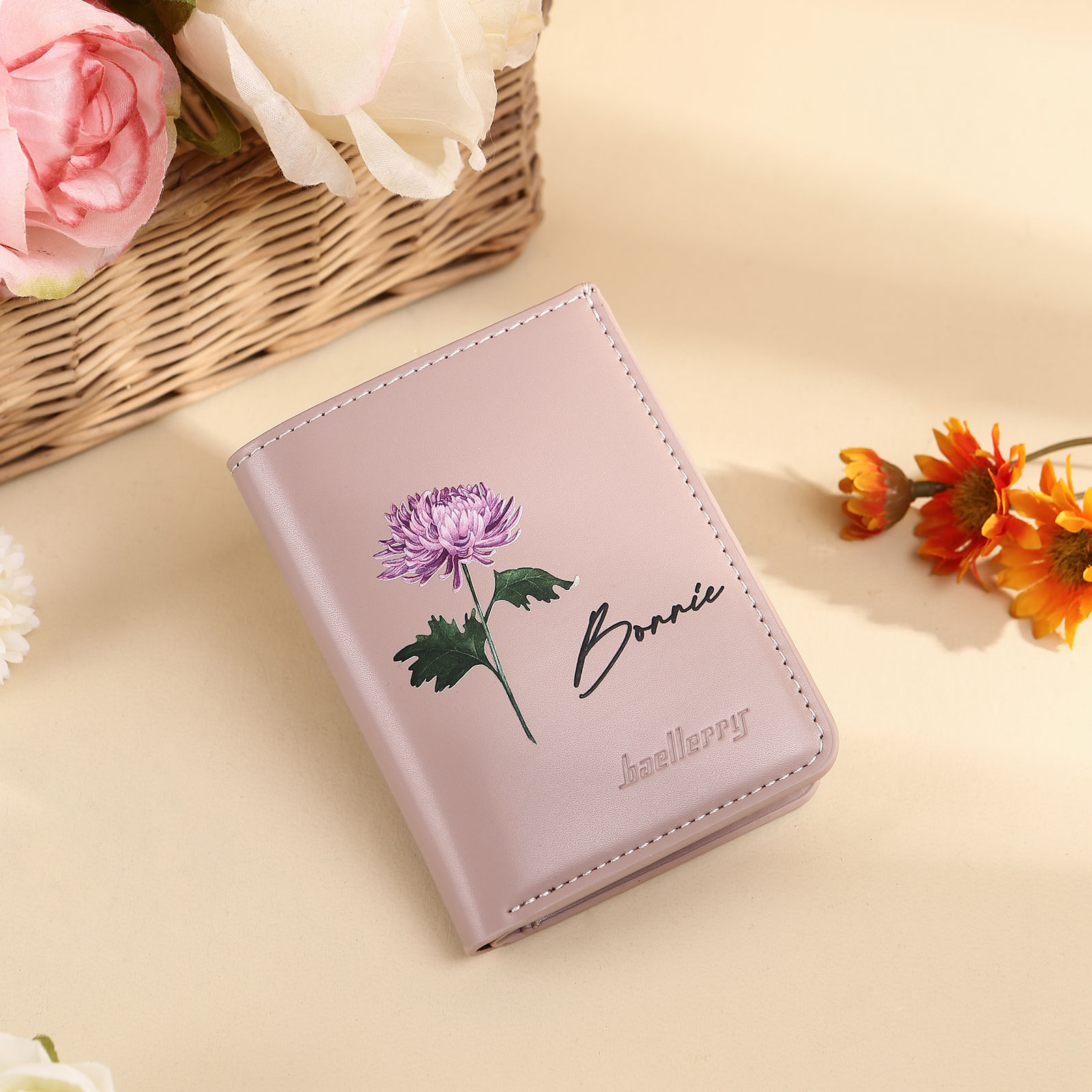 Portafoglio da donna in PU pelle personalizzato con 1 fiore di nascita e 1 nome regalo per donna
