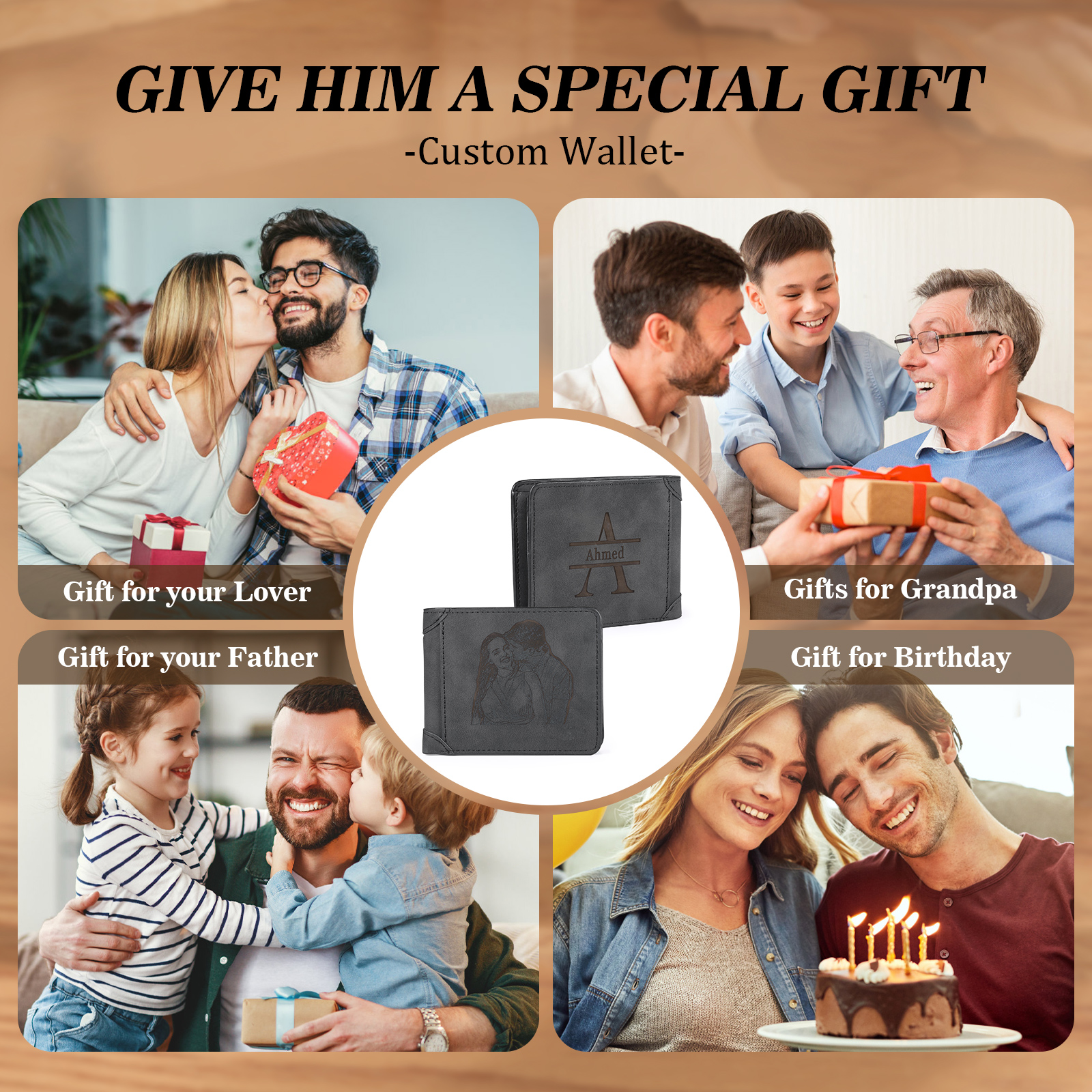 Personalised Men's Wallet with Custom Photo & Name & Letter PU Leather Wallet Couple Gift for Him | Jessemade