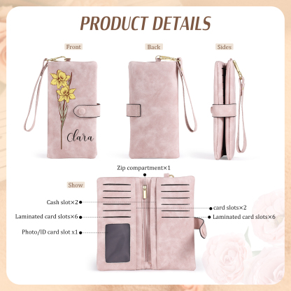 Portafoglio Donna Personalizzabile con Nome e Fiore del Mese – Regalo Utile e Emotivo per la Mamma | Jessemade
