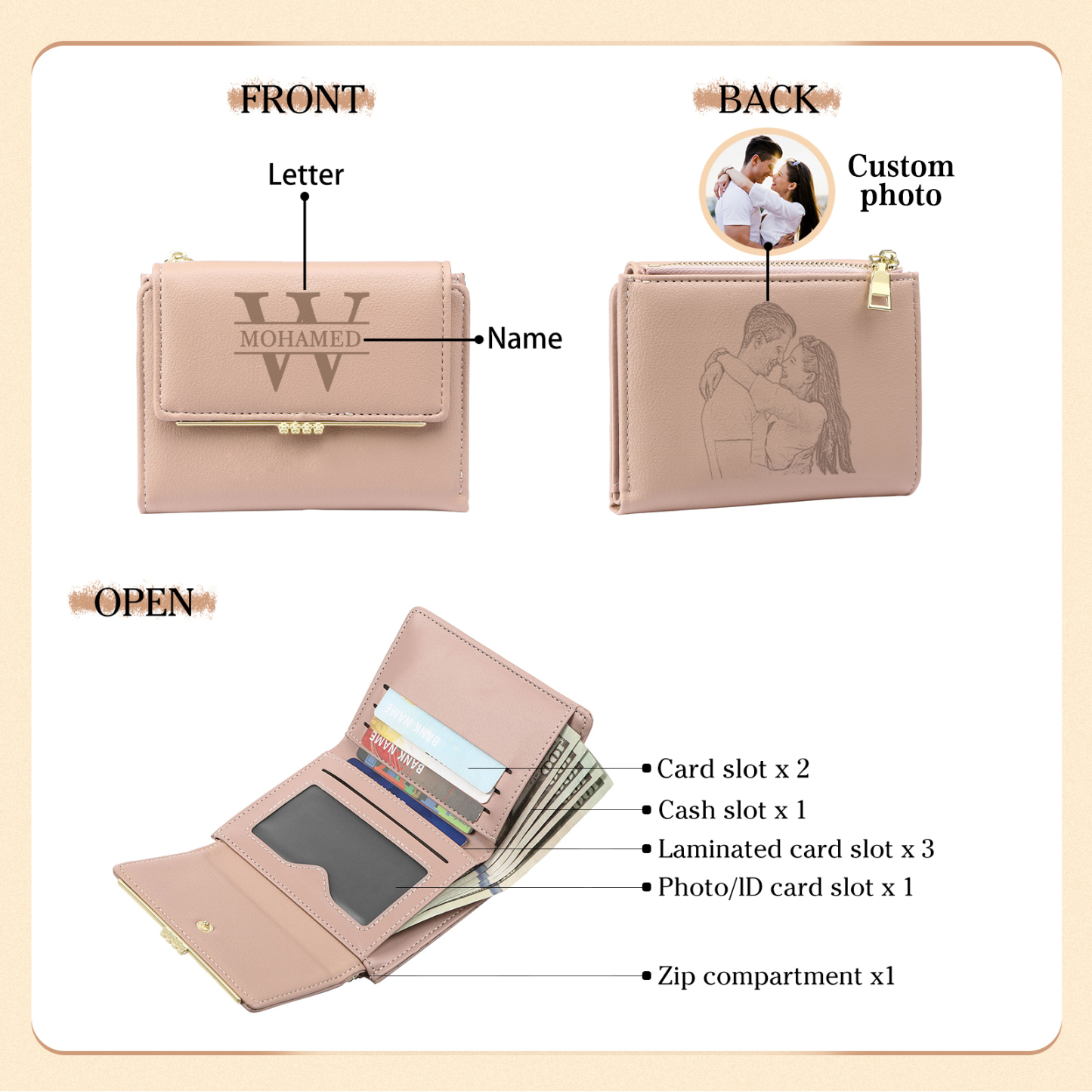 Personalised Women’s Wallet with Custom Name, Initial, and Photo - Name & Initial Monogram Design - Valentine’s Day Gift for Her | Jessemade