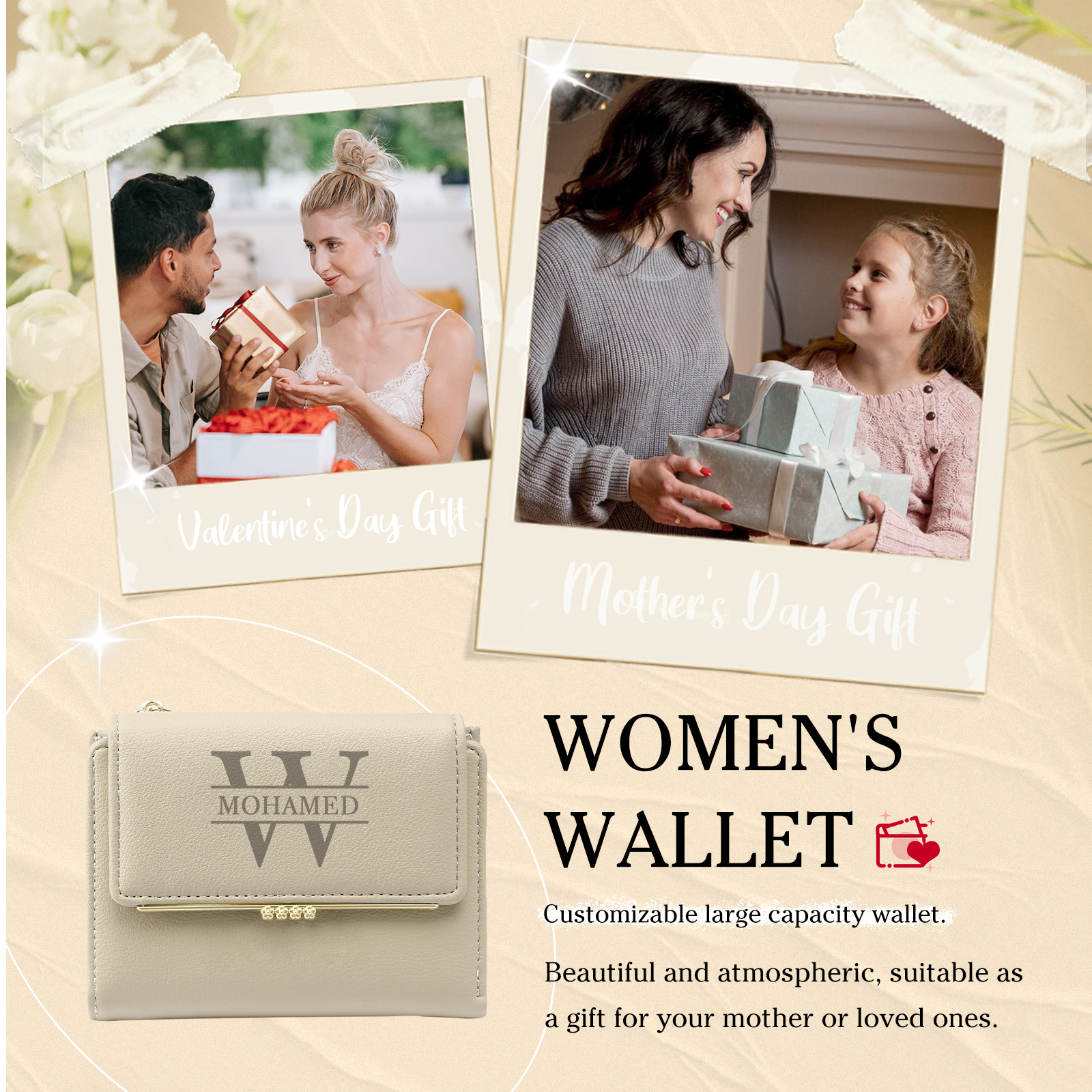 Personalised Women’s Wallet with Custom Name, Initial, and Photo - Name & Initial Monogram Design - Valentine’s Day Gift for Her | Jessemade