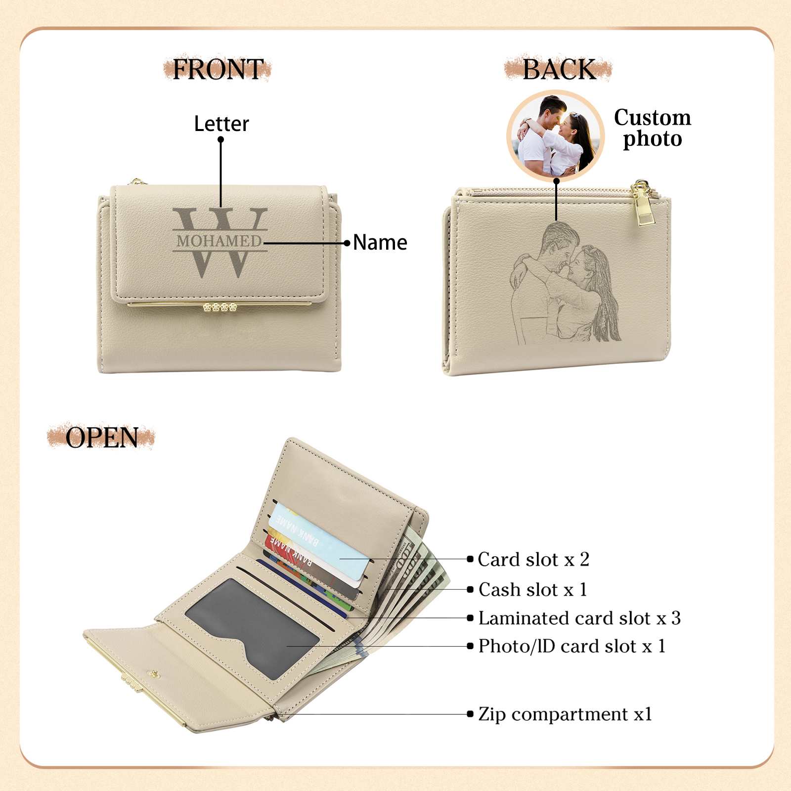 Personalised Women’s Wallet with Custom Name, Initial, and Photo - Name & Initial Monogram Design - Valentine’s Day Gift for Her | Jessemade