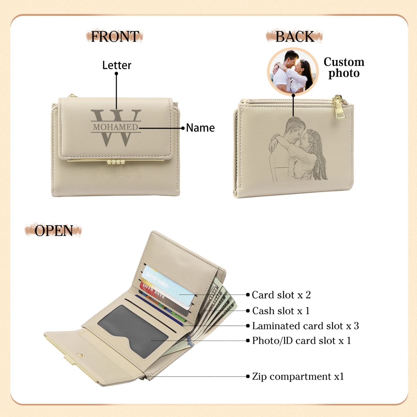 Personalised Women’s Wallet with Custom Name, Initial, and Photo - Name & Initial Monogram Design - Valentine’s Day Gift for Her | Jessemade