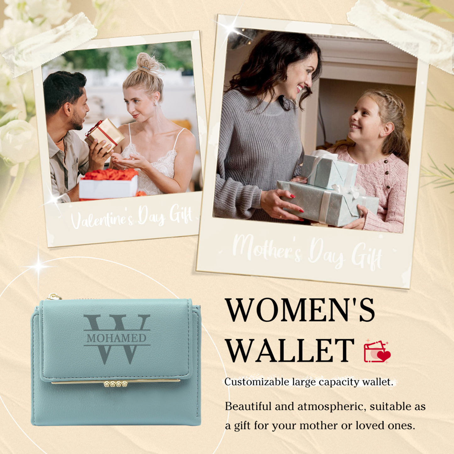 Personalised Women’s Wallet with Custom Name, Initial, and Photo - Name & Initial Monogram Design - Valentine’s Day Gift for Her | Jessemade