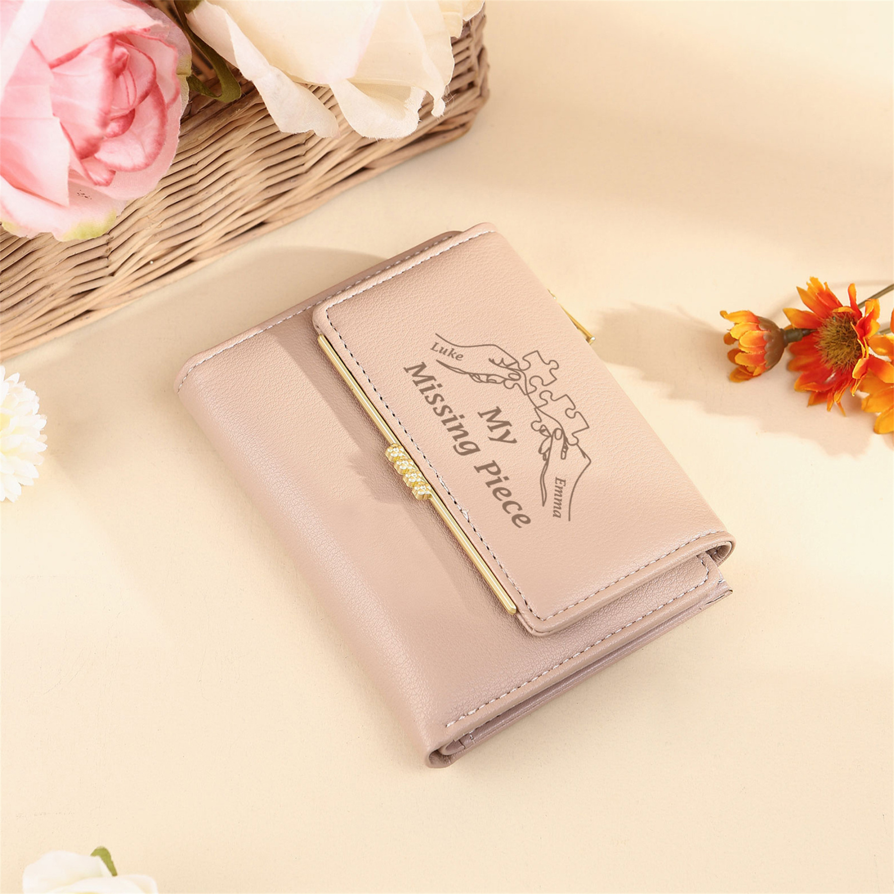 Personalised Women’s Wallet with Custom 2 Names and 1 Photo – "My Missing Piece" Puzzle Design, Valentine’s Day Gift for Her | Jessemade