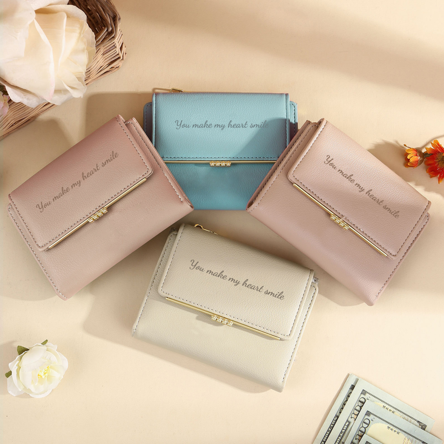 Personalised Women’s Wallet with Custom 1 Photo and 1 Text - "You Make My Heart Smile" Design, Valentine’s Day Gift for Her | Jessemade