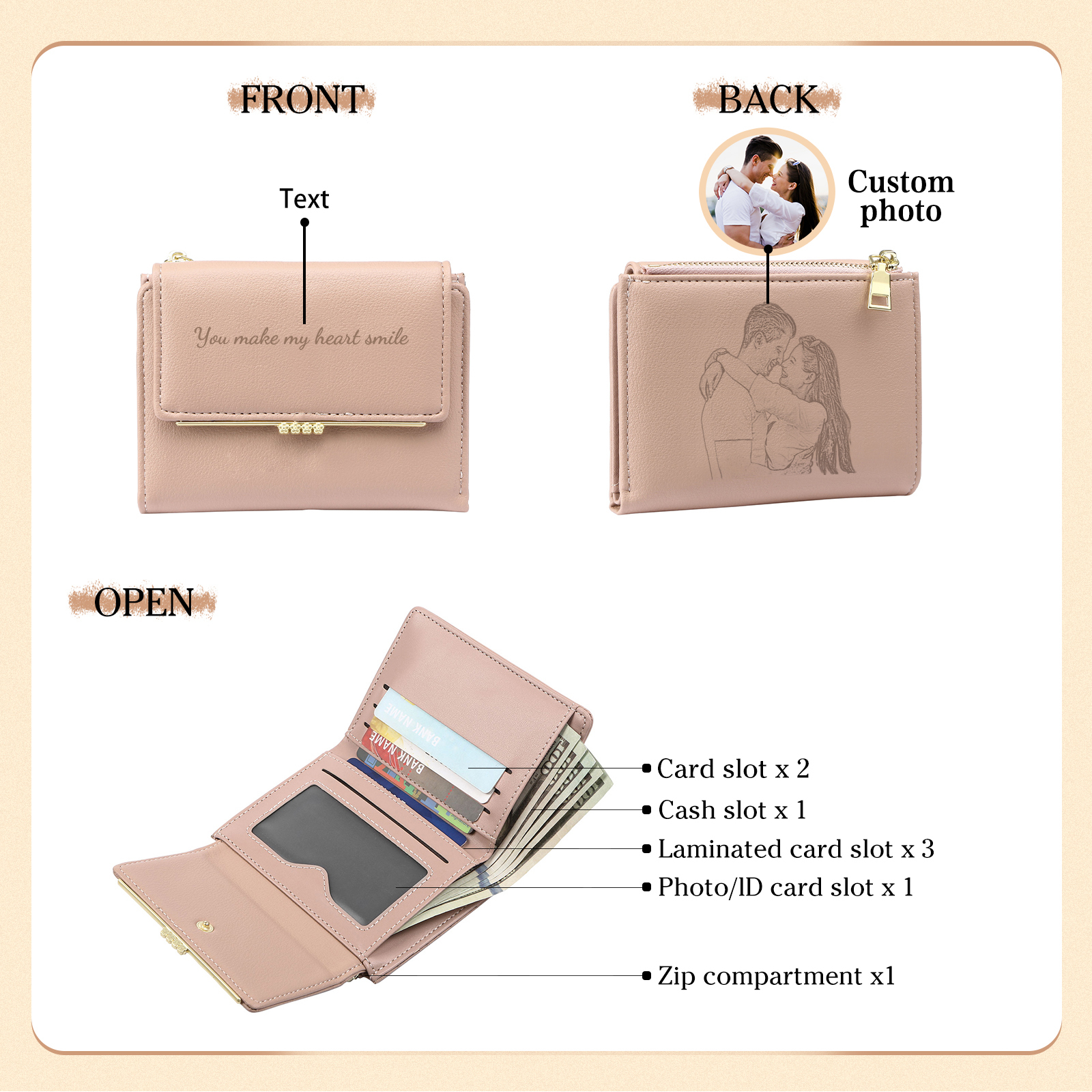 Personalised Women’s Wallet with Custom 1 Photo and 1 Text - "You Make My Heart Smile" Design, Valentine’s Day Gift for Her | Jessemade