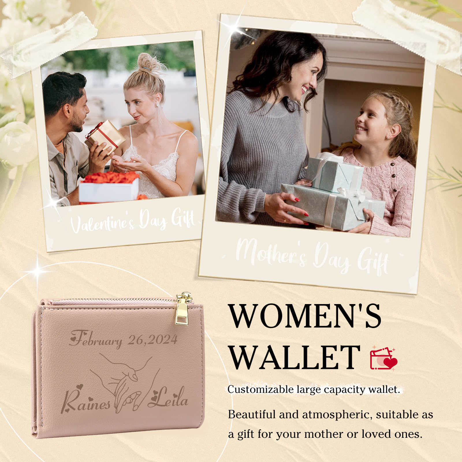 Personalised Women’s Wallet with Custom 2 Names and 1 Date - Romantic Holding Hands Design, Valentine’s Day Gift for Her | Jessemade