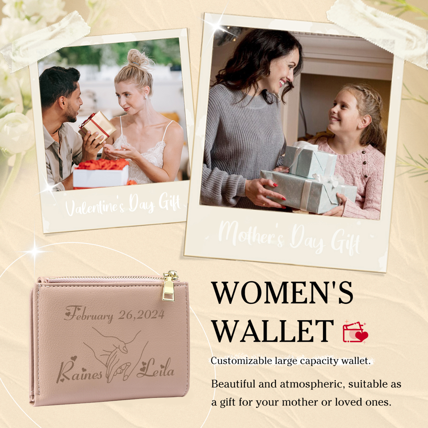 Personalised Women’s Wallet with Custom 2 Names and 1 Date - Romantic Holding Hands Design, Valentine’s Day Gift for Her | Jessemade