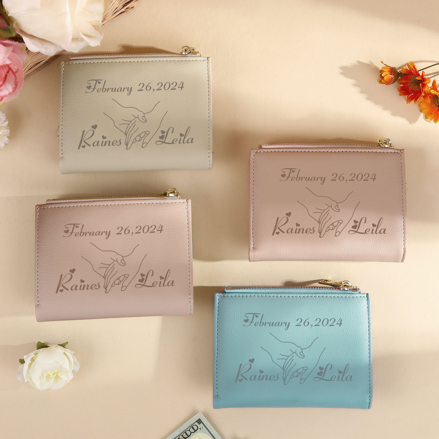 Personalised Women’s Wallet with Custom 2 Names and 1 Date - Romantic Holding Hands Design, Valentine’s Day Gift for Her | Jessemade