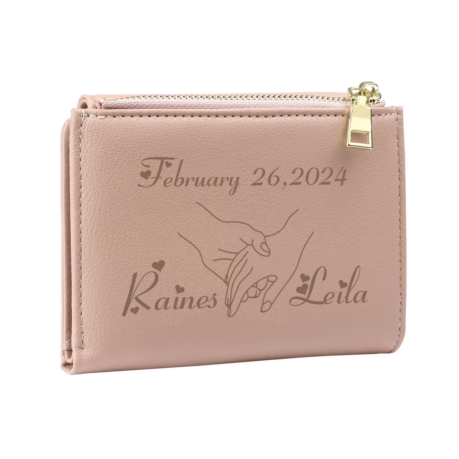 Personalised Women’s Wallet with Custom 2 Names and 1 Date - Romantic Holding Hands Design, Valentine’s Day Gift for Her | Jessemade