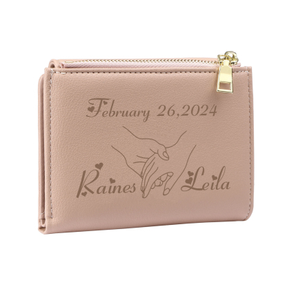 Personalised Women’s Wallet with Custom 2 Names and 1 Date - Romantic Holding Hands Design, Valentine’s Day Gift for Her | Jessemade