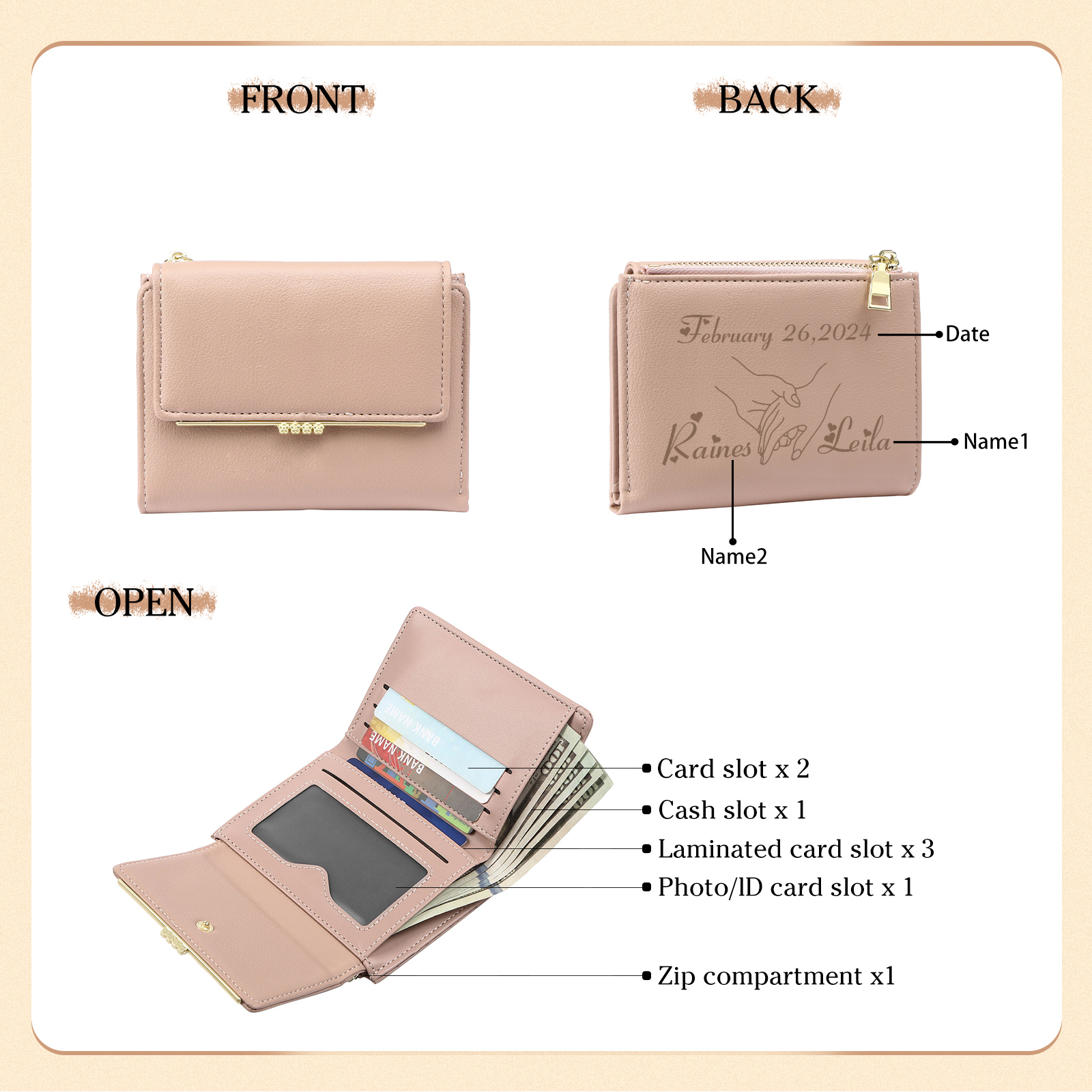 Personalised Women’s Wallet with Custom 2 Names and 1 Date - Romantic Holding Hands Design, Valentine’s Day Gift for Her | Jessemade