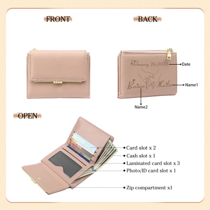Personalised Women’s Wallet with Custom 2 Names and 1 Date - Romantic Holding Hands Design, Valentine’s Day Gift for Her | Jessemade