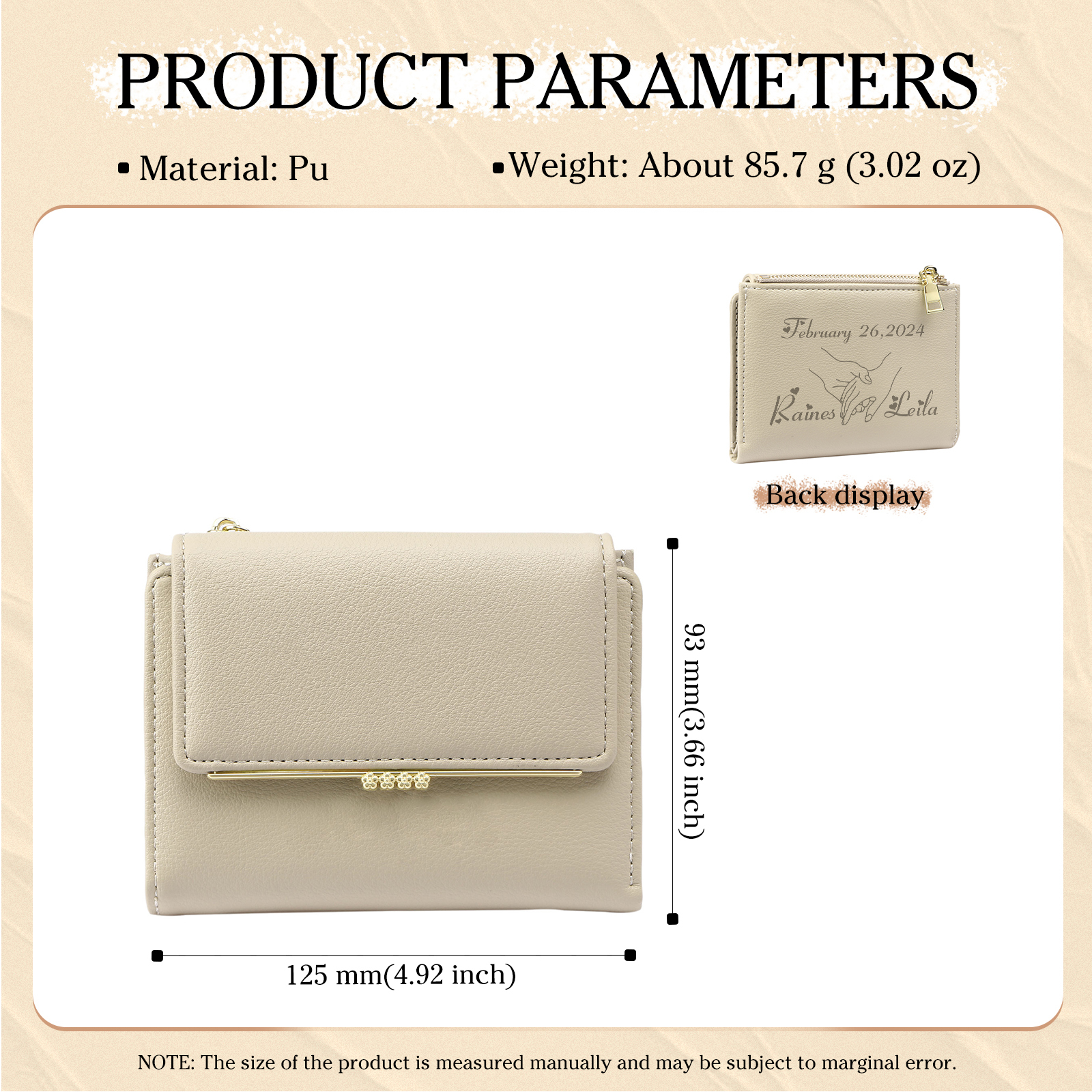 Personalised Women’s Wallet with Custom 2 Names and 1 Date - Romantic Holding Hands Design, Valentine’s Day Gift for Her | Jessemade